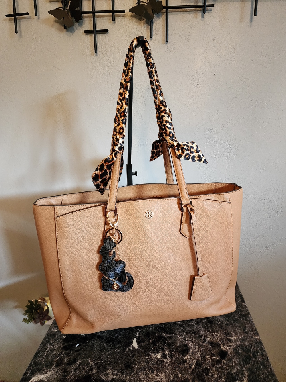 Tory Burch Tan Leather Tote Bag with Leopard Scarf Detail